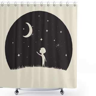 Personality  Little Kid Boy Looks To Crescent Moon Shower Curtains