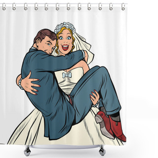 Personality  The Bride Carries The Groom. Marriage And Love. Man And Woman Couple Shower Curtains