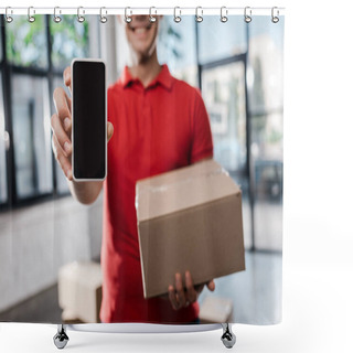 Personality  Cropped View Of Smiling Delivery Man Holding Smartphone With Blank Screen And Carton Box  Shower Curtains