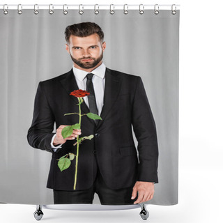 Personality  Elegant Handsome Businessman In Black Suit With Red Rose Isolated On Grey Shower Curtains