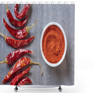 Personality  Top View Of Arranged Grinded And Wholesome Chili Peppers On Grey Tabletop Shower Curtains