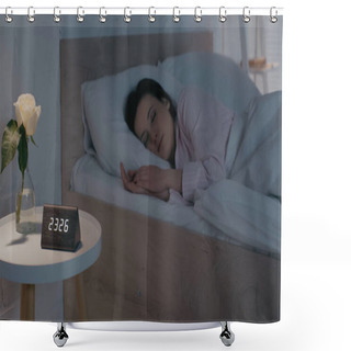Personality  Flower And Clock On Bedside Table Near Woman Sleeping At Home  Shower Curtains