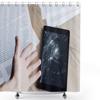 Personality  Cropped View Of Man With Hand Near Smashed Digital Tablet And Documents On Wooden Background Shower Curtains