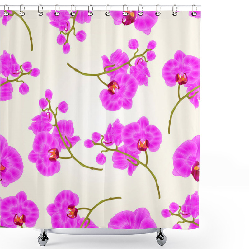 Personality  Seamless texture branches orchid Phalaenopsis purple flowers tropical plants green stem and buds  vintage hand draw vector botanical illustration shower curtains