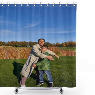 Personality  Bonding, Autumnal Nature, Happy African American Mother Embracing Son, Family In Outerwear, Fall Shower Curtains