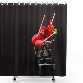 Personality  Shopping Cart With Valentines Gifts And Lollipops Isolated On Black Shower Curtains