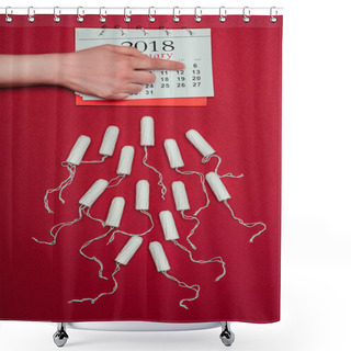 Personality  Cropped Shot Of Woman Pointing At Date In Calendar With Menstrual Tampons Around Isolated On Red Shower Curtains