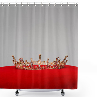 Personality  Golden Royal Crown On Red Velvet Cushion Isolated On Grey Shower Curtains