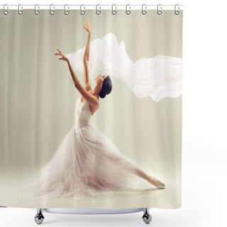 Personality  Ballerina. Young Graceful Woman Ballet Dancer, Dressed In Professional Outfit, Shoes And White Weightless Skirt Is Demonstrating Dancing Skill. Beauty Of Classic Ballet. Shower Curtains