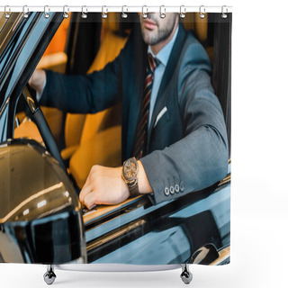 Personality  Partial View Of Businessman With Luxury Watch Sitting In Automobile Shower Curtains