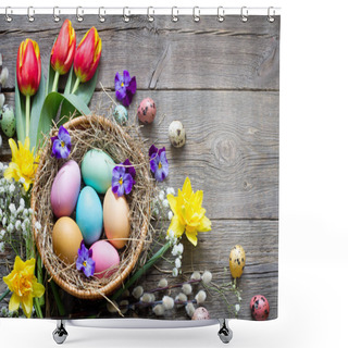 Personality  Easter Colorful Eggs In The Nest With Flowers On Vintage Wooden Boards And Empty Space Shower Curtains