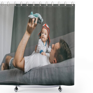 Personality  Father Holding Toy Plane And Playing With Adorable Infant Child Wearing Knitted Pilot Hat Shower Curtains
