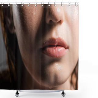 Personality  Cropped View Of Water Drops On Lips Of Young Woman Isolated On Grey  Shower Curtains