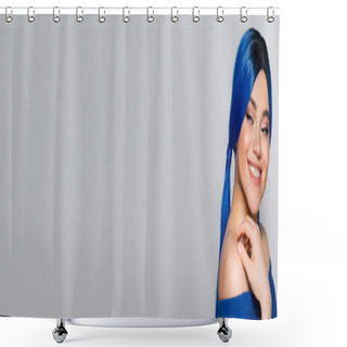 Personality  Beauty Trends, Dyed Hair, Portrait Of Tattooed And Cheerful Woman With Bare Shoulders Posing In Bright Blouse On Grey Background, Blue Hair Color, Hairstyle, Female Model, Makeup And Beauty, Banner Shower Curtains