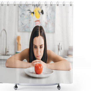 Personality  Pensive Girl Looking At Ripe Tomato On Kitchen Table  Shower Curtains