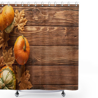Personality  Top View Of Small Pumpkins On Brown Wooden Surface With Dried Autumn Leaves Shower Curtains