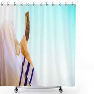 Personality  Jewish Man Blowing The Shofar (horn) Of Rosh Hashanah (New Year). Religious Symbol. Shower Curtains