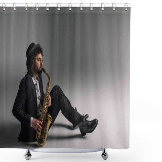 Personality  Handsome Jazzman Playing Saxophone While Sitting On Floor Shower Curtains