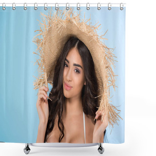Personality  Attractive Young Woman In  Straw Hat, Isolated On Blue Shower Curtains