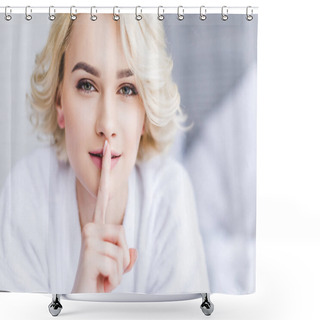 Personality  Beautiful Blonde Woman In Bathrobe Gesturing For Silence And Looking At Camera Shower Curtains