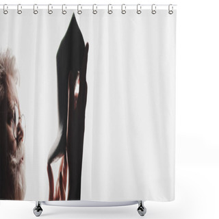 Personality  Panoramic Shot Of Bearded Shoemaker In Glasses Holding Shoe Last Isolated On White Shower Curtains