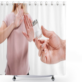 Personality  Cropped Image Of Woman Rejecting Unhealthy Salt Isolated On White Shower Curtains