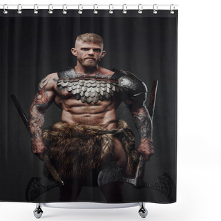 Personality  Brutal Tattooed Warrior Wearing Light Armour And Fur Holding Axes In Dark Studio Shower Curtains