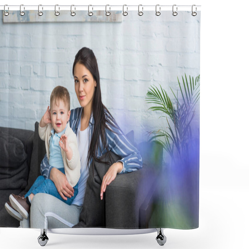 Personality  Mother With Adorable Baby Boy On Hands Sitting On Sofa At Home Shower Curtains