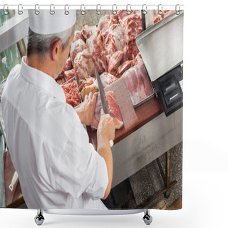 Personality  Male Butcher Cutting Meat At Display Cabinet Shower Curtains