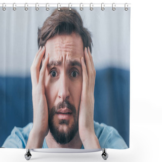 Personality  Selective Focus Of Frightened Man With Hands On Head Looking At Camera At Home Shower Curtains