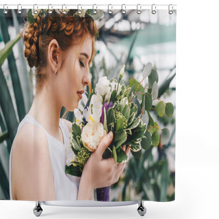Personality  Profile Portrait Of Beautiful Young Red-haired Bride Holding Wedding Bouquet  Shower Curtains