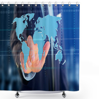 Personality  View Of A Businessman Holding A Connected World Map On A Futuristic Interface - 3d Render Shower Curtains