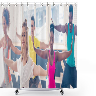 Personality  Panoramic Shot Of Smiling Multiethnic Dancers Performing Zumba In Dance Studio Shower Curtains