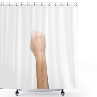 Personality  Cropped View Of Man Showing Fist Isolated On White Shower Curtains