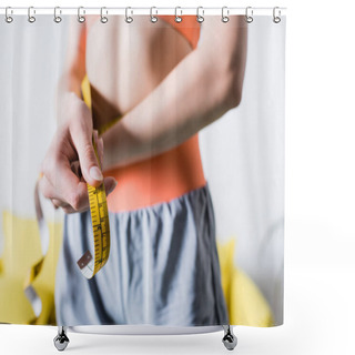 Personality  Selective Focus Of Sportswoman With Measuring Tape At Home Shower Curtains