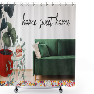 Personality  Modern Green Sofa And Pillows In Living Room With Colorful Rug Near Drawn Table With Plants And Home Sweet Home Lettering  Shower Curtains