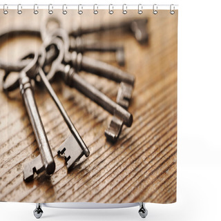 Personality  Old Keys On A Wooden Table, Close-up Shower Curtains