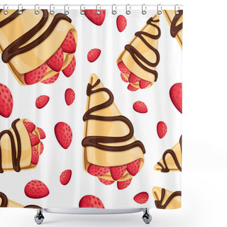 Personality  Seamless Pattern Of Crepe With Strawberry And Chocolate Tasty Pancakes Vector Illustration On White Background Web Site Page And Mobile App Design Shower Curtains