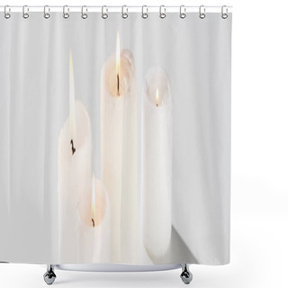 Personality  Burning Candles Glowing On White Background With Shadow, Panoramic Shot Shower Curtains