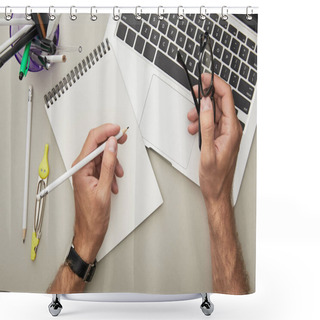 Personality  Top View Of Man Holding Pencil And Glasses Near Laptop Isolated On Grey  Shower Curtains