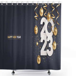 Personality  Happy New Year 2023. White Paper Numbers With Golden Christmas Decoration And Confetti On  Dark Blue Background. Holiday Greeting Card Design. Shower Curtains