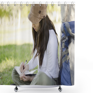 Personality  Young Beautiful Woman Writing On A Journal About Her Hiking Trip Shower Curtains