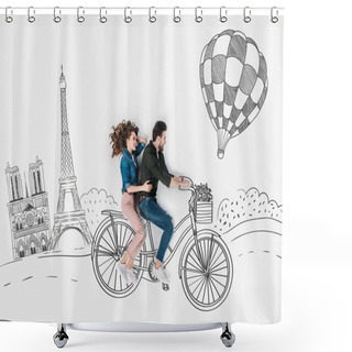 Personality  Creative Hand Drawn Collage With Couple Riding Bike Together At Paris Shower Curtains