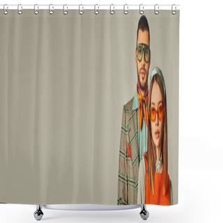 Personality  Fashionable Couple In Retro Style Clothes And Sunglasses Looking At Camera On Grey, Banner Shower Curtains