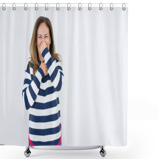 Personality  Beautiful Middle Age Woman Wearing Navy Sweater Over Isolated Background Smelling Something Stinky And Disgusting, Intolerable Smell, Holding Breath With Fingers On Nose. Bad Smells Concept. Shower Curtains
