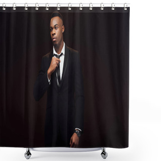 Personality  Handsome Fashionable African American Man In Suit Adjusting Tie Isolated On Black  Shower Curtains