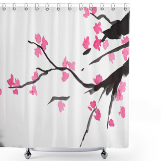 Personality  Japanese Painting With Sakura Branches With Flowers On White Shower Curtains