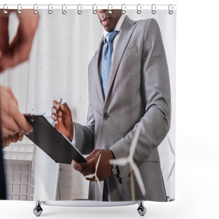 Personality  Partial View Of African American Businessman Holding Pen Near Clipboard And Business Partner On Blurred Foreground Shower Curtains