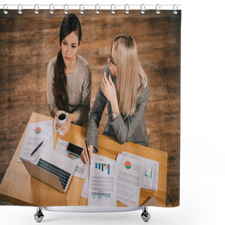 Personality  Overhed View Of Attractive Colleagues Working In Cafe Near Laptop   Shower Curtains