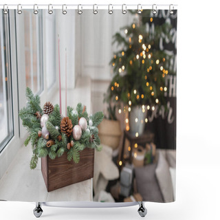 Personality  The Finished Version. Workshop Of Christmas Decor With Their Own Hands. Christmas Wooden Box With Fir Branches For The Holiday. The New Year Celebration. Master Class On Making Decorative Ornaments Shower Curtains
